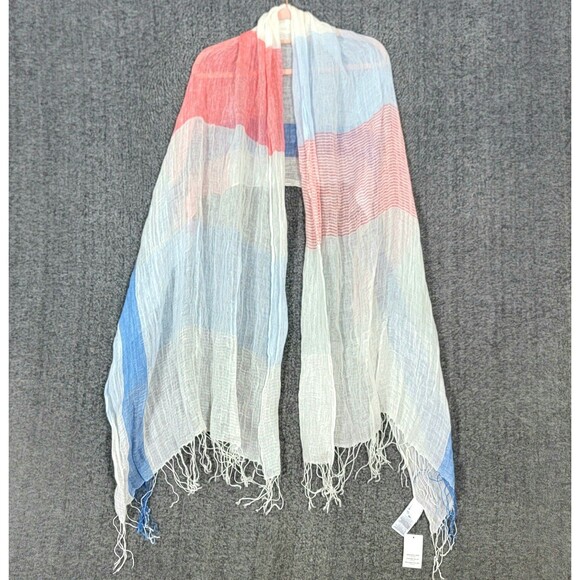 Gap Scarf Womens Red Off White Blue Colorblock 100% Linen Fringed Wrap 78x27 NEW - Picture 3 of 10
